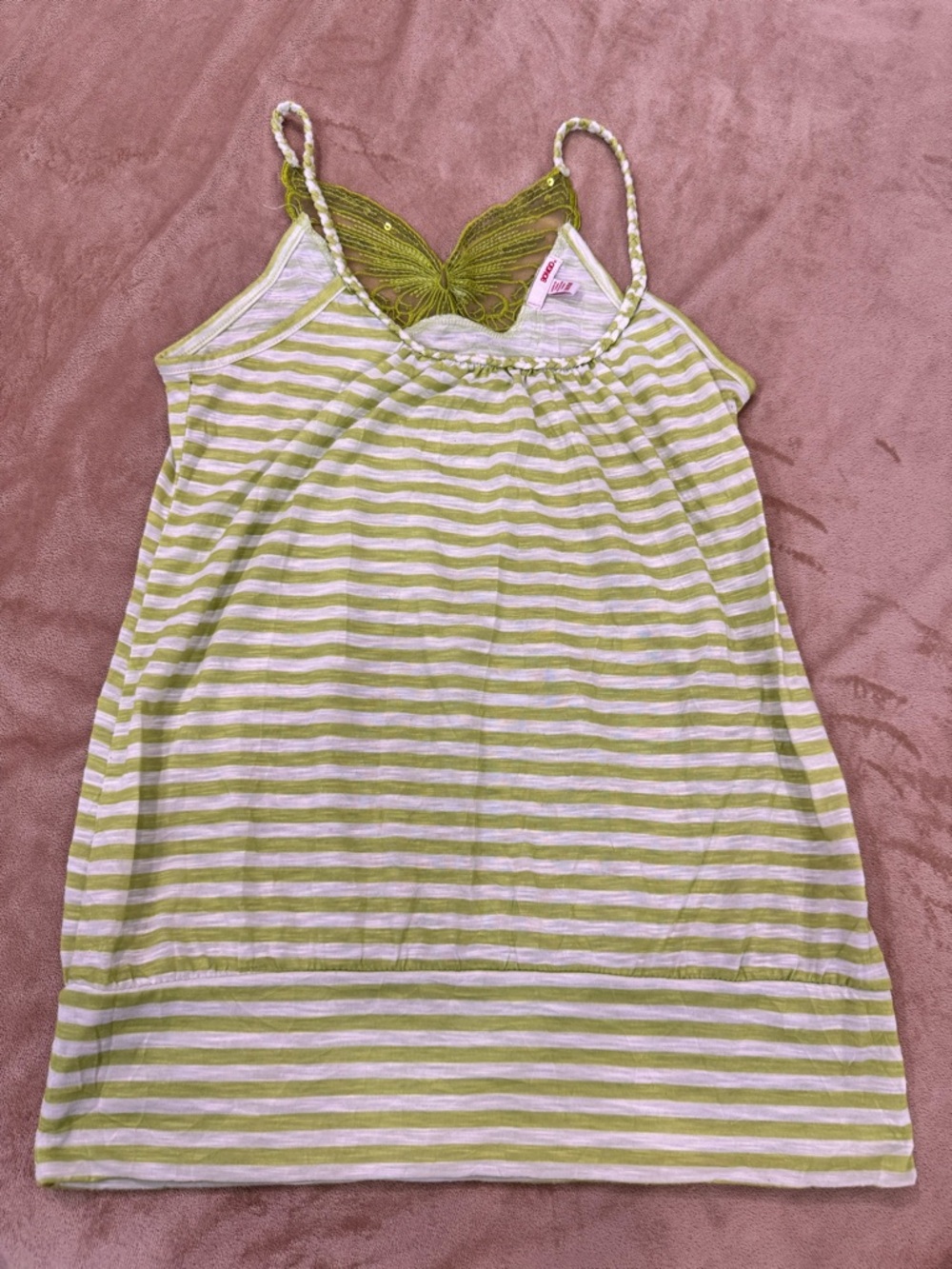 Striped Green & White Women's Sleep Tank with butterfly Lace Back size M